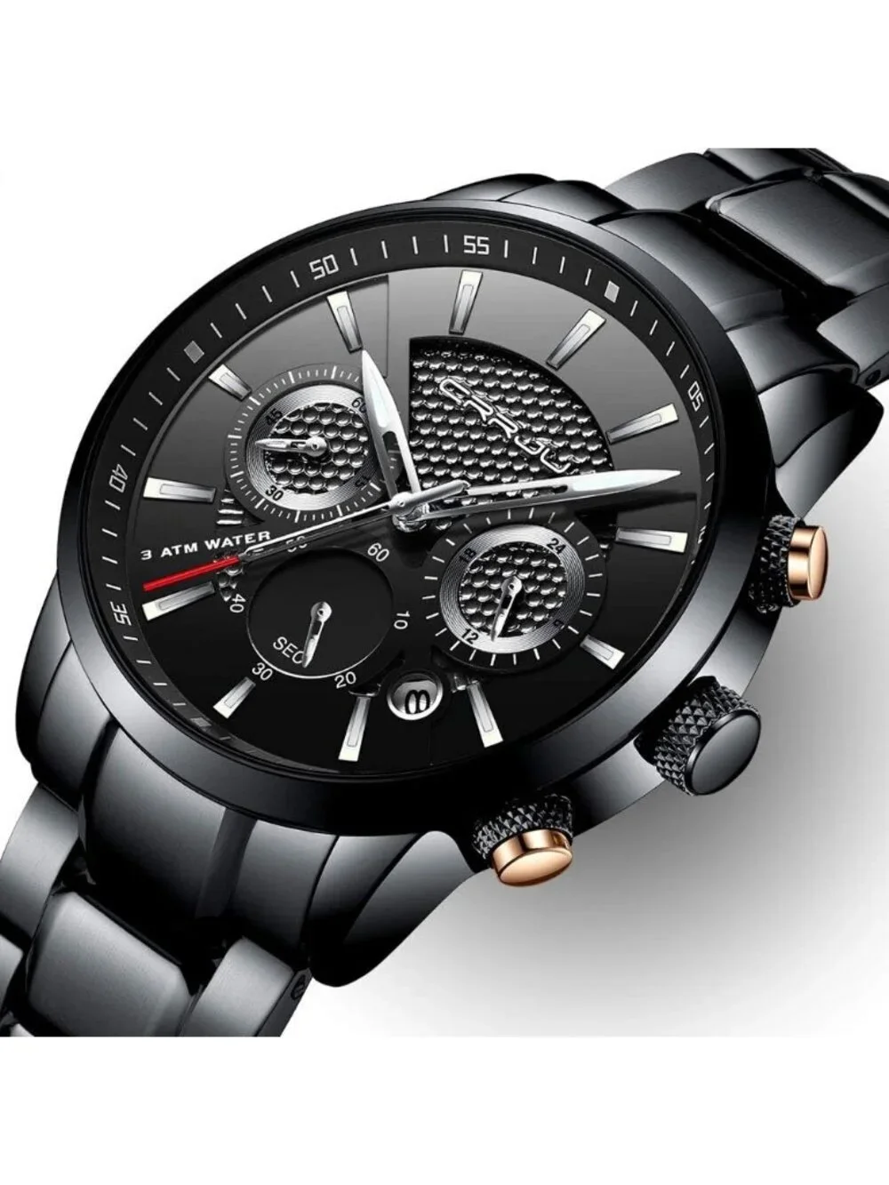Men's Black Skeleton Luminous Casual Chronograph Quartz Waterproof Wrist Watch